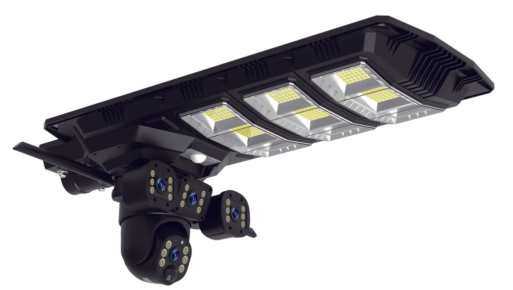 Black LED street light fixture on a white background with 4G triple lens camera