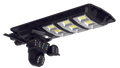 Black LED street light fixture on a white background with 4G triple lens camera